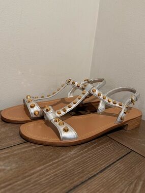 Prada Studded T Strap Flat Sandal Silver Gold Metallic Leather 39 Milano Italy